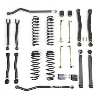 Clayton 2.5in Overland Plus Suspension Lift Kit for Jeep, featuring adjustable control arms, track bars, and springs for off-road performance