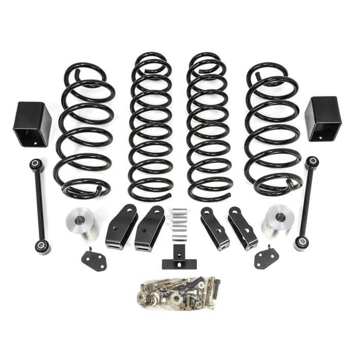 2.5" Coil Spring Lift Kit for 2018-2023 Jeep JL Wrangler Rubicon with 4 linear coil springs and components for off-road performance.