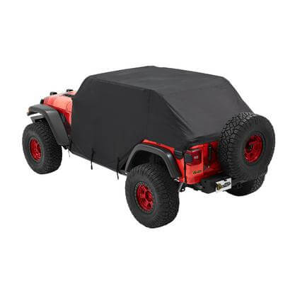 Bestop All Weather Trail Cover on red Wrangler JKU & JLU with adjustable straps and door protection flaps for 2007+ models.