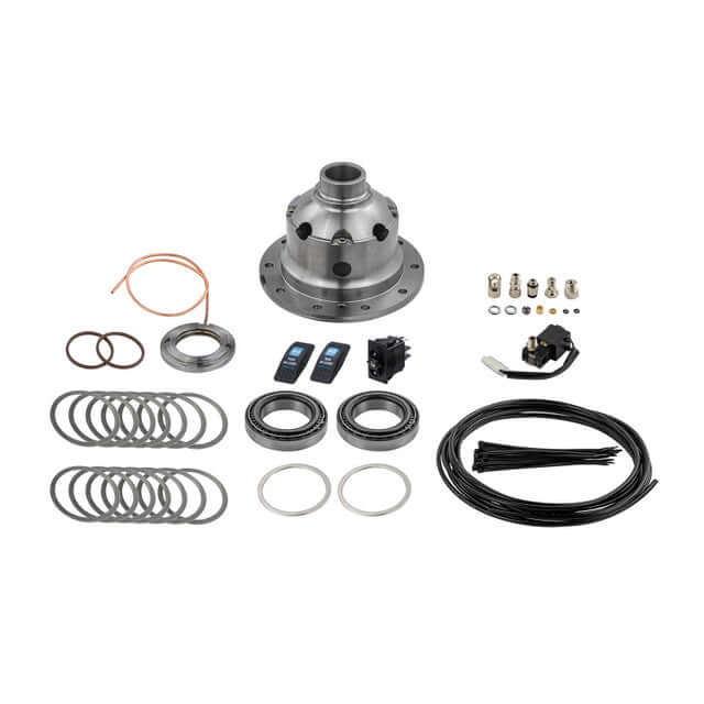 ARB Air Locker components for Dana 35 Rear in 1987-06 Wrangler YJ/TJ with 30 Spline Axles, including wiring and O-rings laid out.