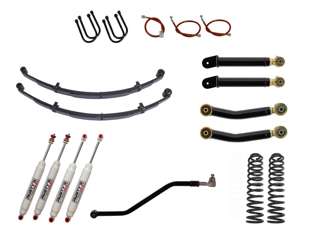 Rusty's XJ Cherokee 3" Advanced Kit w/ Heavy Duty Spring Rate - Adjustable Flex Arms - RX100 Shocks