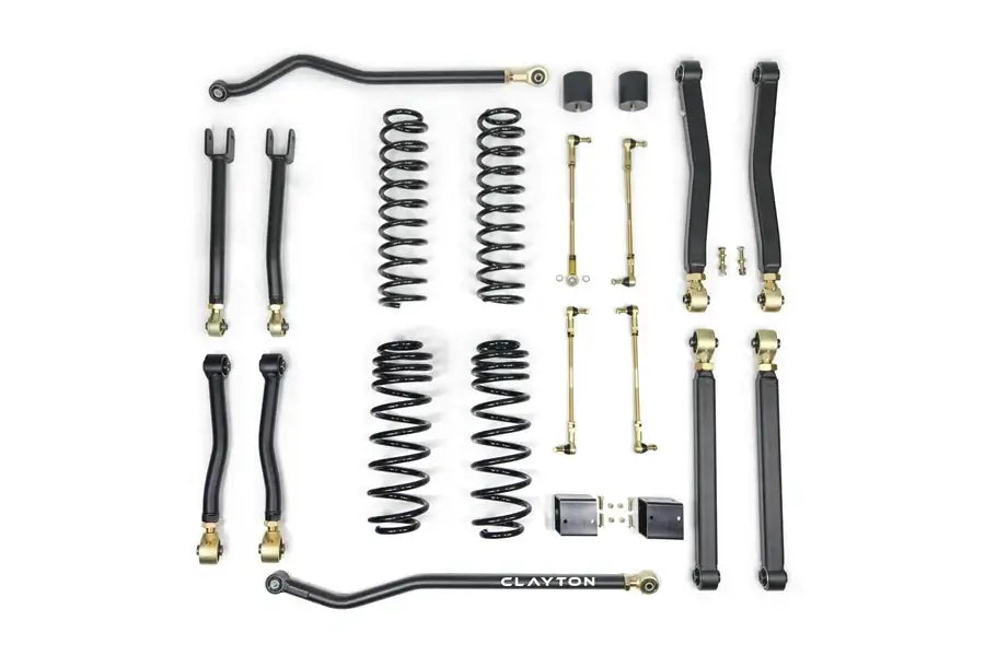 Clayton Offroad 2.5in Premium Lift Kit for Jeep Wrangler JL 392 includes adjustable components, springs, and suspension parts.