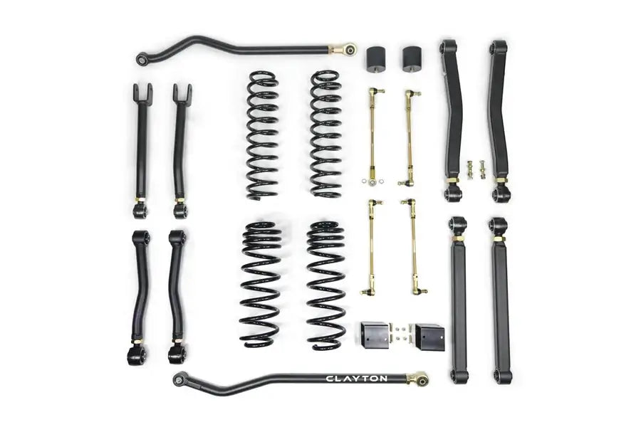 CLAYTON 2.5IN Overland Plus Lift Kit for Diesel Jeep JL with adjustable control arms and Giiro Joint bushings laid out