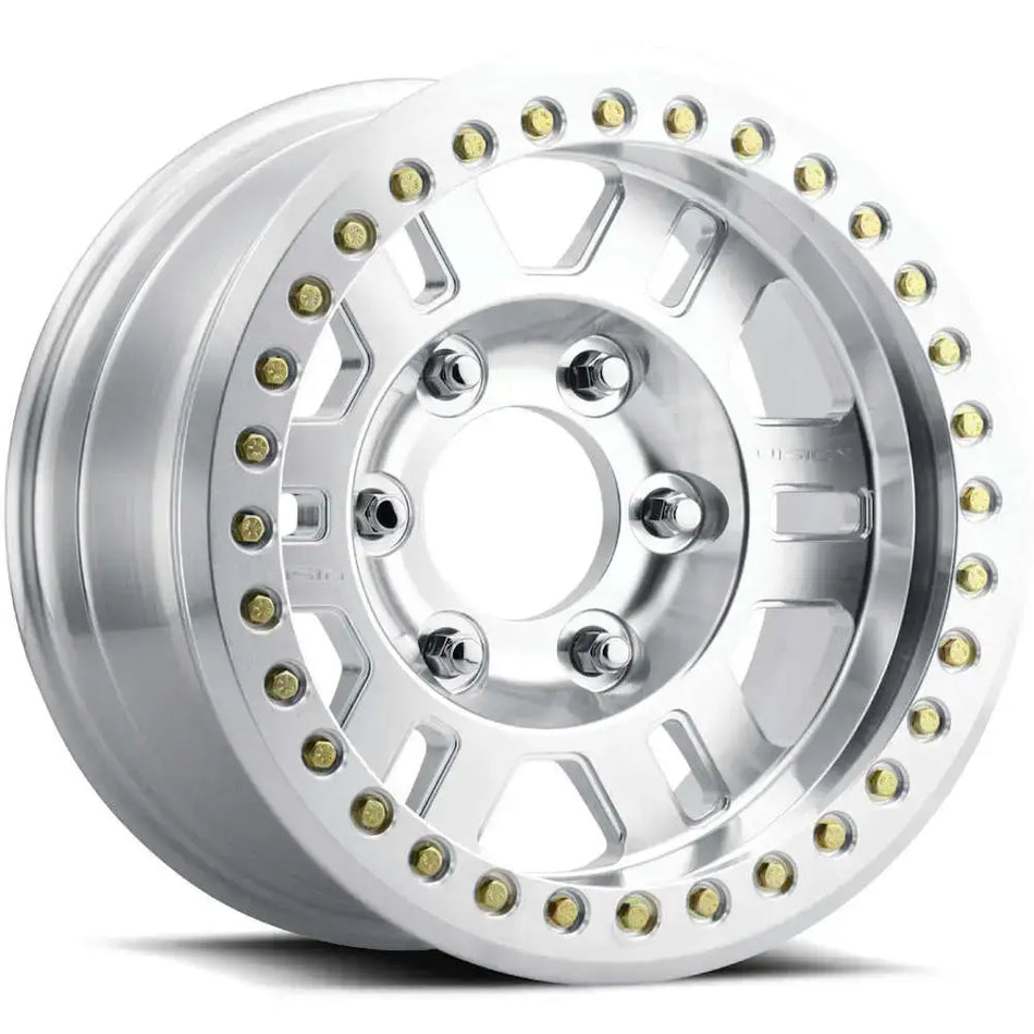 Vision Manx Beadlock 398BL 17x9.5 -44 (6x5.5) machined face beadlock wheel with six twin-spokes and recessed center hub featuring exposed lugs.