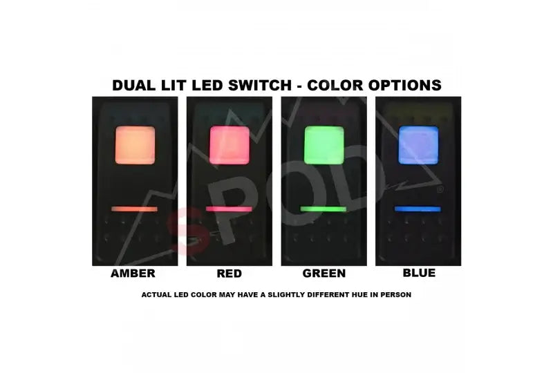 Dual lit LED switch color options: amber, red, green, blue for SPOD SOURCELT control system in 2009+ JK models.