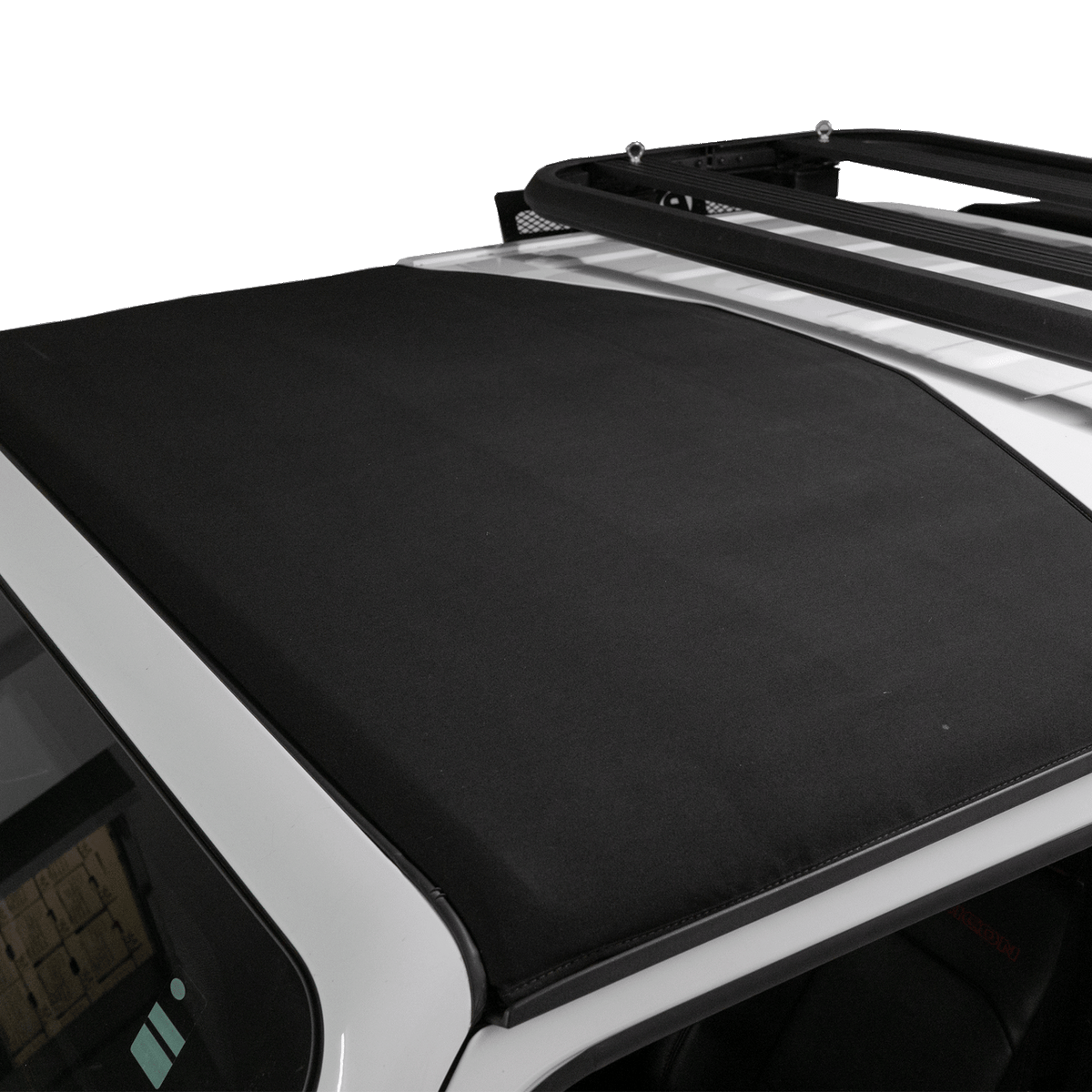 Bestop Retractable Sunshade installed on a white vehicle, showcasing black UV-resistant mesh fabric and no-drill installation.