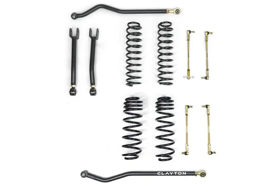 Clayton Offroad 2.5-inch Ride Right+ Lift Kit components for Jeep Wrangler JL 392 with springs, control arms, and sway bar links.