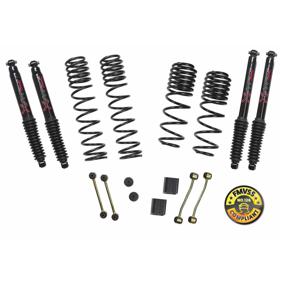 Suspension Lift Kit w/Shock 2-2.5 Inch Lift 18-19 Jeep Wrangler W/Frt. And Rear Dual Rate/Long Travel Series Coil Springs Extended Sway Bar End Links Grade 8 Mounting Hdwr Black MAX Shocks Skyjacker