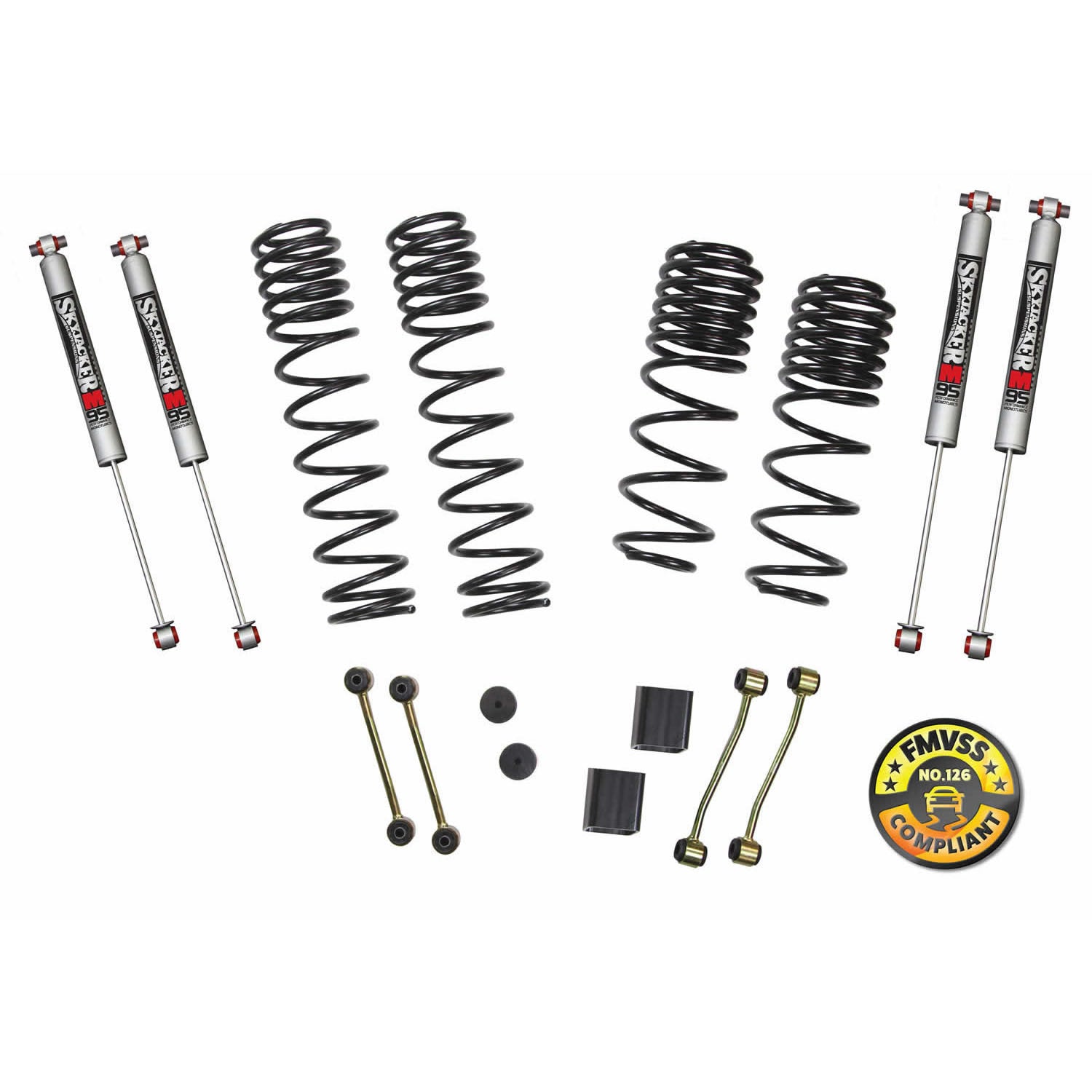 Suspension Lift Kit w/Shock 2-2.5 Inch Lift 18-19 Jeep Wrangler Unlimited Rubicon Incl. Frt./R. Dual Rate/Long Travel Series Coil Springs Extended Sway Bar End Links Grade 8 Mounting Hdwr M95 Monotube Shocks Skyjacker